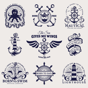 Sea and nautical emblems. Vector illustration.