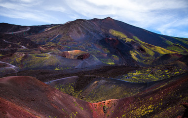 Etna national park panoramic view of volcanic landscape with crater, Catania, Sicily