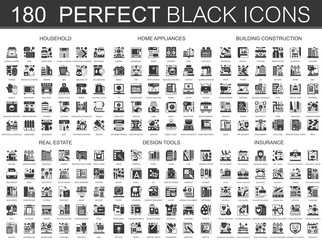 180 household, home appliances, building construction, real estate, design tools, insurance classic black mini concept symbols. Vector modern icon pictogram illustrations set.
