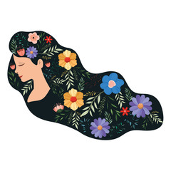 beautiful woman with long hair and floral pattern vector illustration design