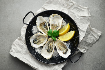 Opened Oysters on frying pan 