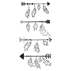 Vector image of Native American arrows with feathers. Black and white illustration.