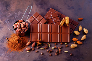 chocolate and cocoa on dark background