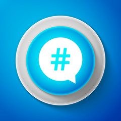 White Hashtag in circle icon isolated on blue background. Social media symbol, concept of number sign, social media, micro blogging pr popularity. Circle blue button. Vector Illustration