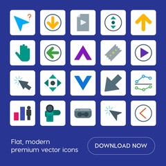 Modern Simple Set of arrows, charts, video, cursors Vector flat Icons. Contains such Icons as  arrow,  network,  financial,  mouse, video and more on blue background. Fully Editable. Pixel Perfect