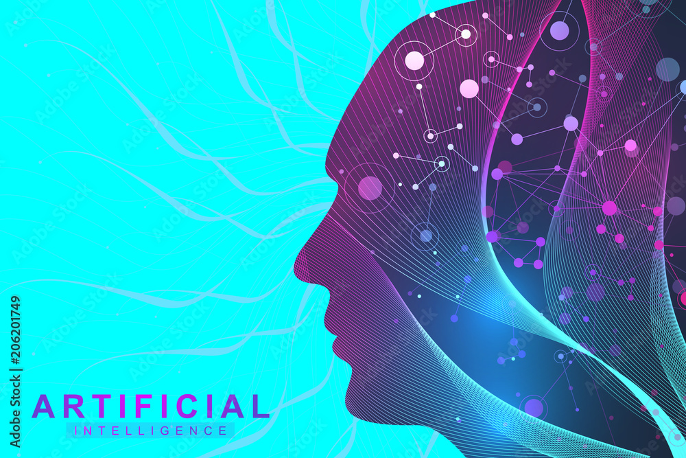 Poster Futuristic Artificial Intelligence and Machine Learning Concept.. Human Big Data Visualization. Wave Flow Communication, Scientific vector illustration.