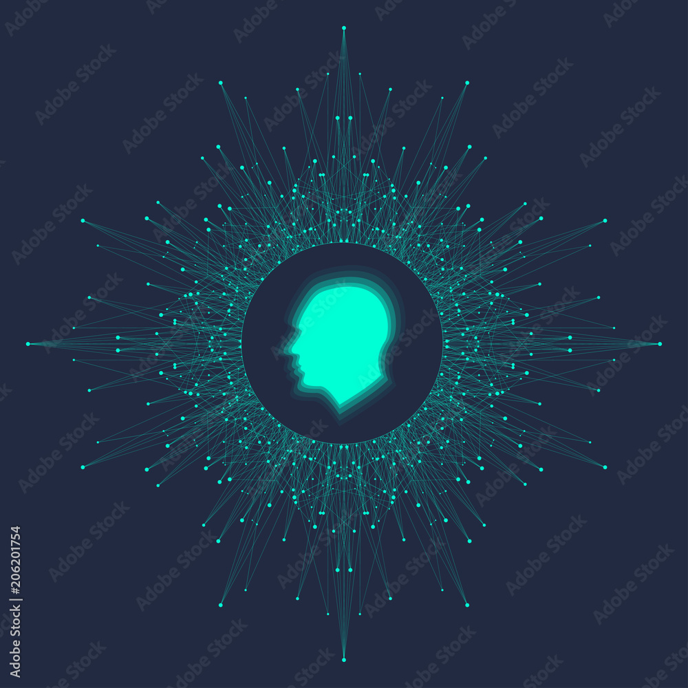 Poster Futuristic Artificial Intelligence and Machine Learning Concept.. Human Big Data Visualization. Wave Flow Communication, Scientific vector illustration.