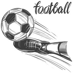 Fototapeta premium football, soccer ball, sports game, calligraphic text, emblem sign, hand drawn vector illustration sketch