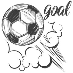 football, soccer ball, sports game, calligraphic text, emblem sign, hand drawn vector illustration sketch
