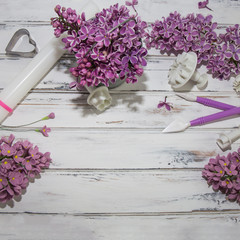 Sugar flower and tools for sugar decoration.Sugar decoration background.Hand-made.Tool for modeling...