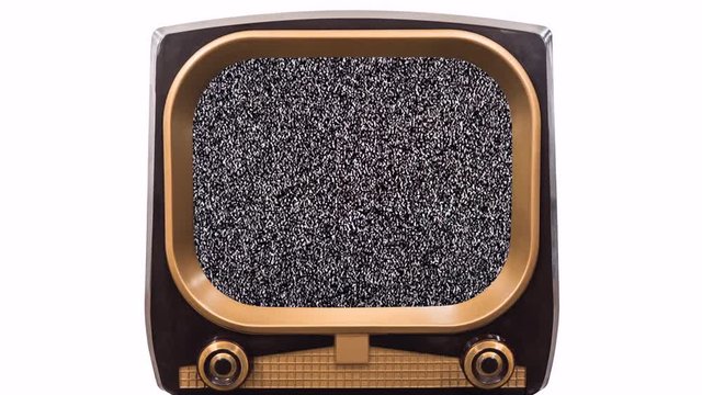 Vintage 1950s television on white with zoom into static and chroma green screens.