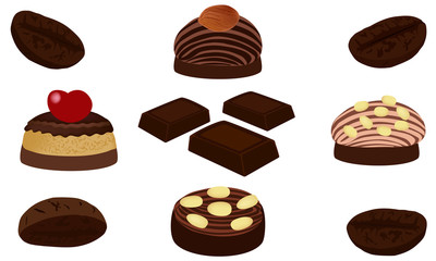 Chocolate and chocolate candies with nuts. Sweet candies isolated on white background. Vector illustration.