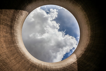 View up a coal burning power plant cooling tower