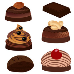 Chocolate and chocolate candies with nuts. Sweet candies isolated on white background. Vector illustration.