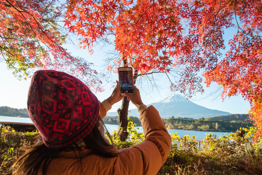 A tourist  do photography Fujisan with maple leaves.