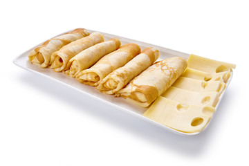 pancakes with cheese are isolated on a white background