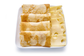 pancakes with cheese are isolated on a white background