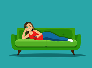 Happy young woman with TV remote control lying on sofa isolated. Vector flat style illustration