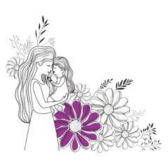 mother lifting daughter with floral decoration vector illustration design