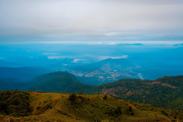 high mountains peaks range clouds in fog scenery landscape national park view outdoor  at Chiang Rai, Chiang Mai Province, Thailand