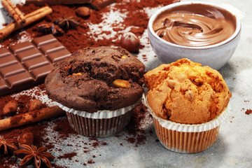 Chocolate muffin and nut muffin, homemade bakery on grey background