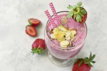 Strawberry smoothie with banana and chia seed.