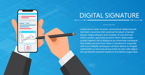 Businessman Hands signing Digital signature on modern smartphone. Vholding a phone for signature. Vector concept.