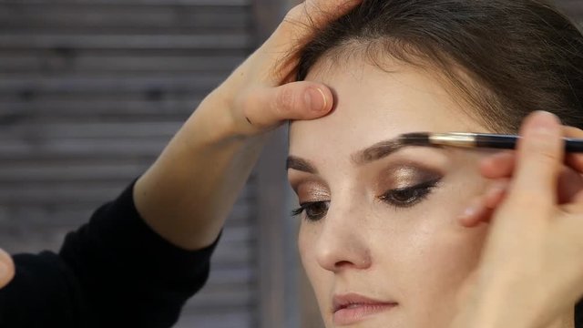 professional make-up artist paints eyebrows to beautiful client. fashion industry cosmetics
