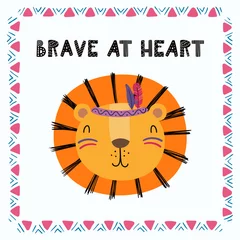 Kissenbezug Hand drawn vector illustration of a cute funny tribal lion with feathers, lettering quote Brave at heart. Isolated objects. Scandinavian style flat design. Concept for children print. © Maria Skrigan