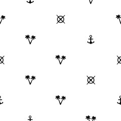 Seamless pattern with black anchors, palm trees and wheels on the white background.