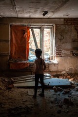 Interior of  abandoned old soviet pioneers camp. Low light image