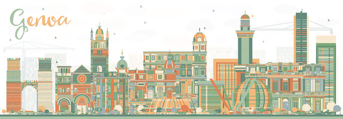 Genoa Italy City Skyline with Color Buildings. - obrazy, fototapety, plakaty