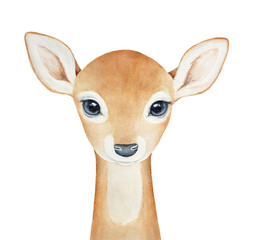 Baby Deer character. Hand drawn watercolor painting on white background, isolated. Little one, looking with big eyes. Spirit animal, symbol of love, grace, peace, humility, devotion, christmas.