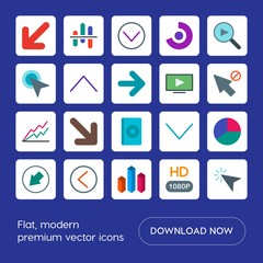 Modern Simple Set of arrows, charts, video, cursors Vector flat Icons. Contains such Icons as  circular,  chart, left, bar,  double, play, hd and more on blue background. Fully Editable. Pixel Perfect