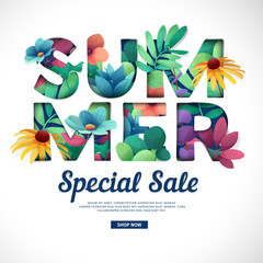 Naklejka premium Design special sale print for summer season. Logo with flower, leaf, herb and branch decoration. Text Summer cut paper style for season offer. Vector 
