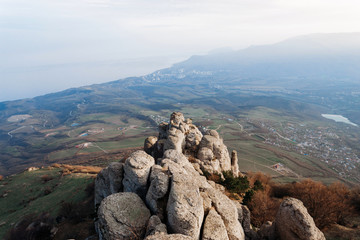 View from the southern Demerdzhi to the Chomachay Rocks and the Black Sea coast in the Valley of Ghosts in the Republic of Crimea