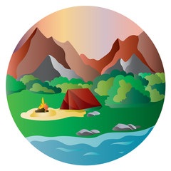 Mountain landscape with a lake at dawn.