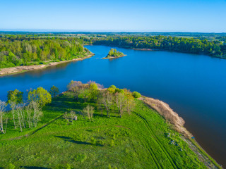 Aerial landscape of small island at the lake