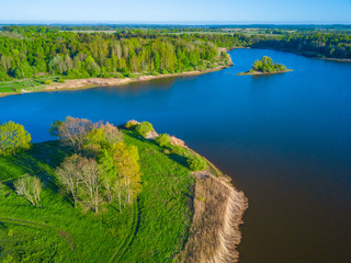 Aerial landscape of small island at the lake