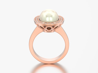 3D illustration rose gold diamond engagement wedding ring with pearl