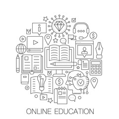 Online education in circle - concept line illustration for cover, emblem, badge. Online modern education thin line stroke icons set.