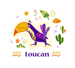 Vector flat set of mexico traditional elements, symbols & toucan bird character in flat hand drawn style isolated on white background. Mexican celebration, national patterns & decorations, plants.