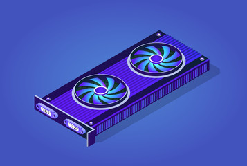 3d isometric video graphic card of an electronic server of cloud tech network connects payment technology for business concept background. Digital chip bitcoin farm set ultraviolet illustration.