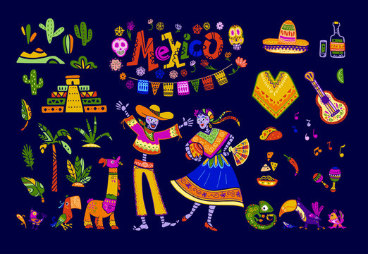Big vector set of mexico elements, skeleton characters, animals in flat hand drawn style isolated on dark background. Icons for fiesta, celebration, national pattern, decoration, traditional food.