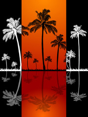 Palm trees silhouette and reflection on red panel