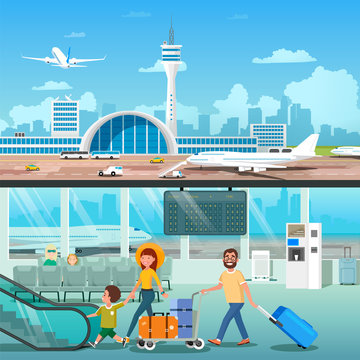 Banner Set of Airport Interior with Going Family in Interior Hall Departure and Modern Terminal Outside View. Concept Flat Vector Illustration of People Characters.