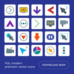 Modern Simple Set of arrows, charts, video, cursors Vector flat Icons. Contains such Icons as  next,  circle, cursor,  chart,  camera,  arrow and more on blue background. Fully Editable. Pixel Perfect
