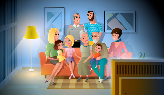 Three Generations of Big Family Talking and Spending Time Together while Sitting on Coach in Living Room. Large Happy Family Gathered Together at Home in Evening Cartoon Vector. Family Values Concept