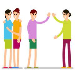 Young woman. Girls standing and greeting each other. Group of young people. Cartoon illustration isolated on white background in flat style