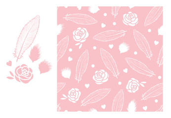 Vector Abstract Lovely feathers seamless pattern. Hand drawing feathers and fluff bird with flowers.